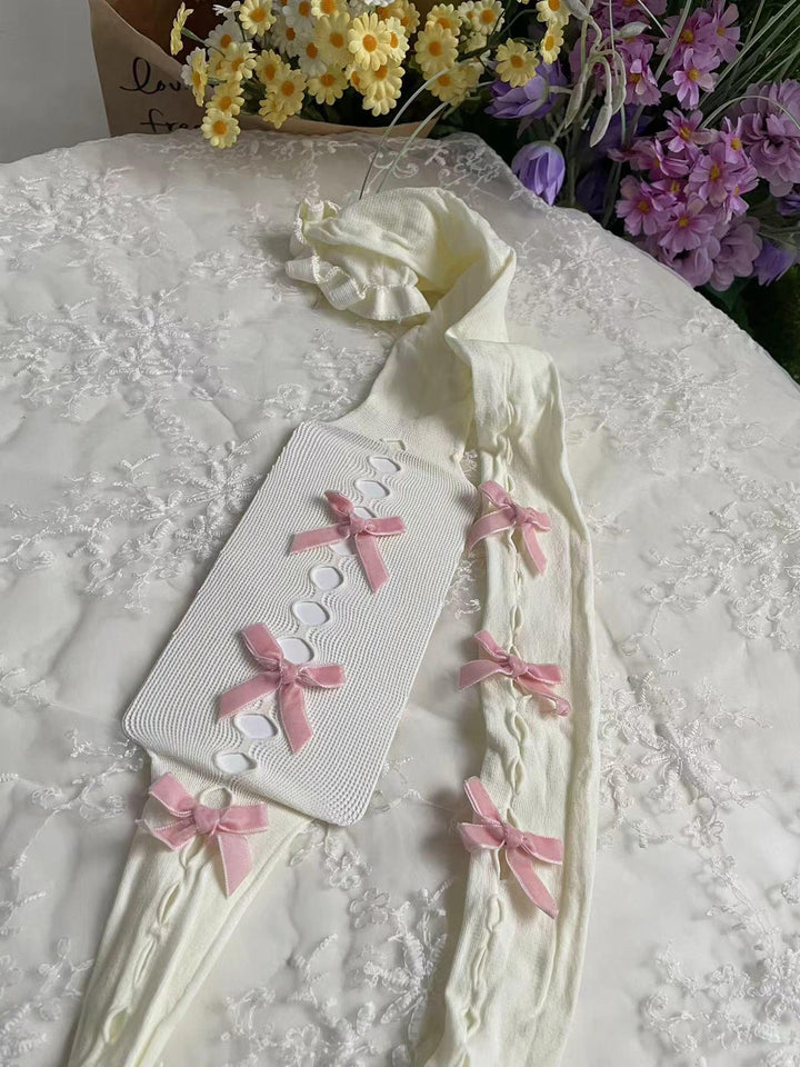white and pink velvet handmade bowknot cutout leggings