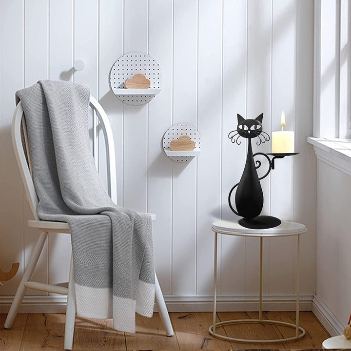 vintage farmhouse gothic black cat candle holder ornament on the table