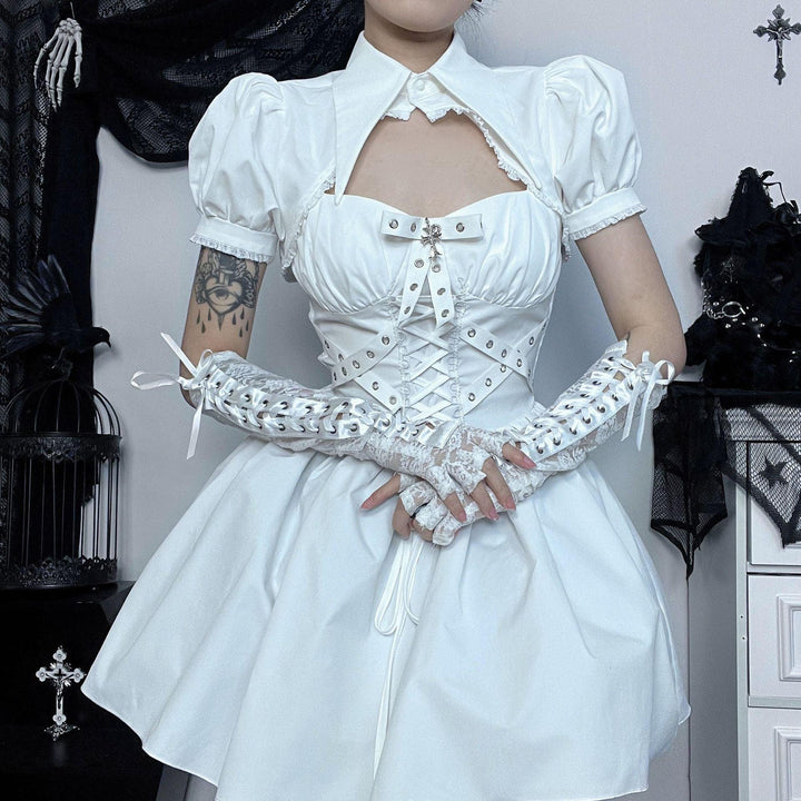 a woman wear a white gothic lolita ribbon strap dress