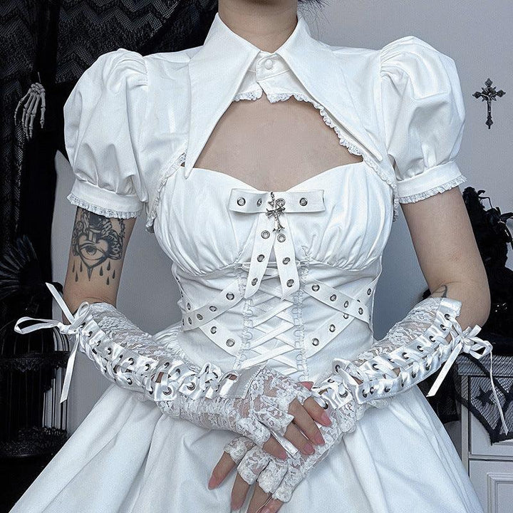 a woman wear a white gothic lolita ribbon strap dress