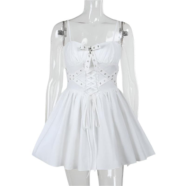 details of white gothic lolita ribbon strap dress