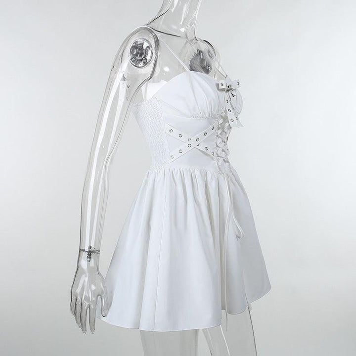 details of white gothic lolita ribbon strap dress