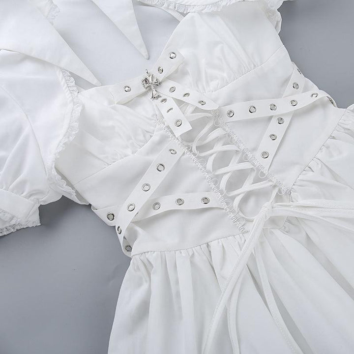 details of white gothic lolita ribbon strap dress
