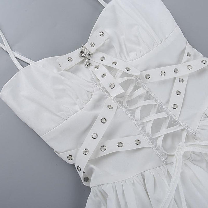 details of white gothic lolita ribbon strap dress