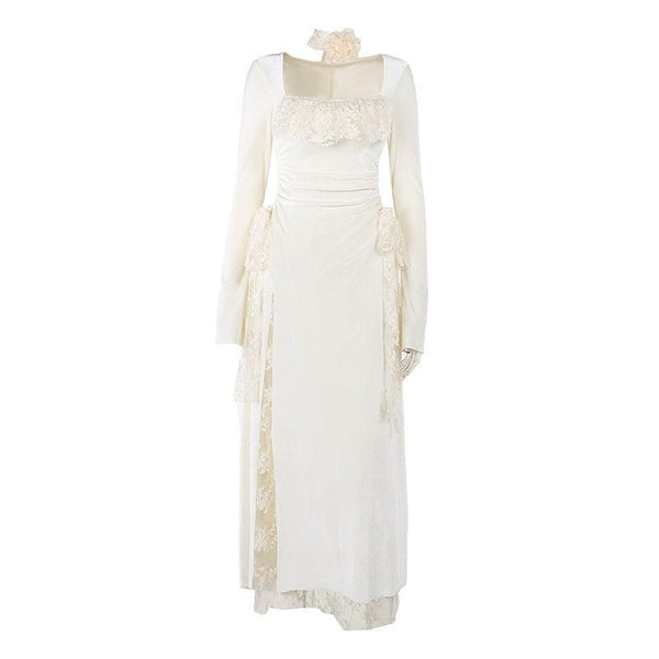 white gothic romantic wedding lace long dress