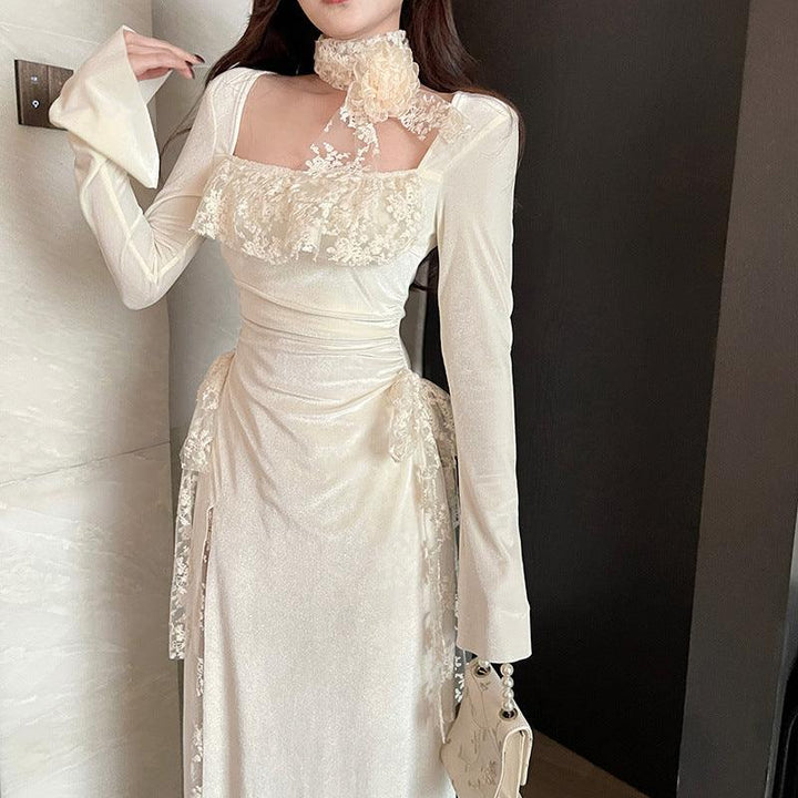 a woman wear a white gothic romantic wedding lace long dress