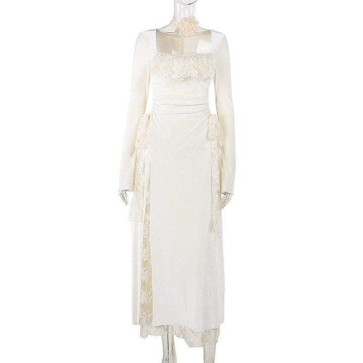details of white gothic romantic wedding lace long dress