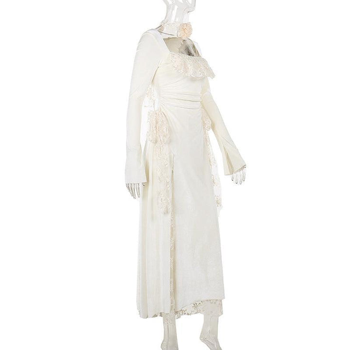 details of white gothic romantic wedding lace long dress