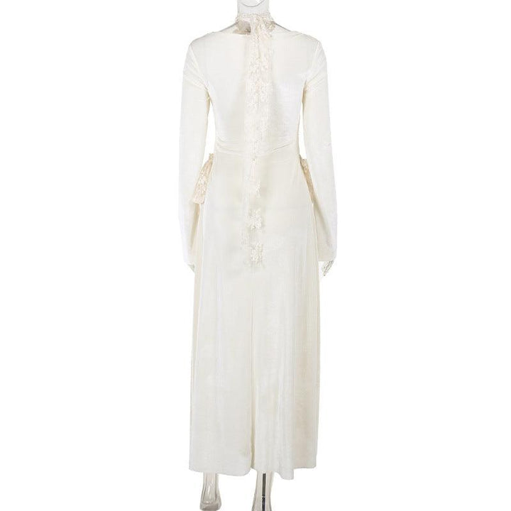 details of white gothic romantic wedding lace long dress