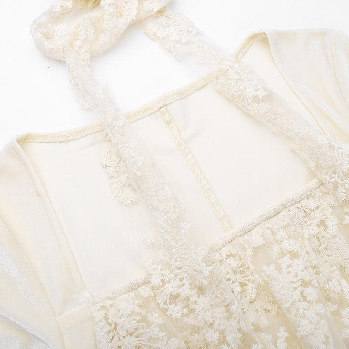 details of white gothic romantic wedding lace long dress