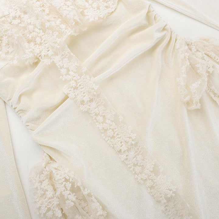 details of white gothic romantic wedding lace long dress