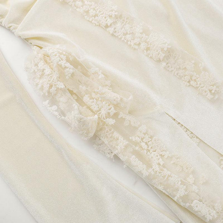 details of white gothic romantic wedding lace long dress