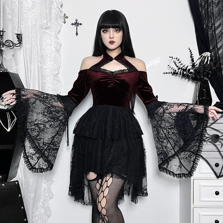 a woman wear a red and black long sleeve gothic sexy lace dress