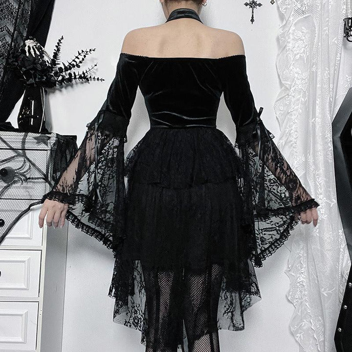 a woman wear a black long sleeve gothic sexy lace dress