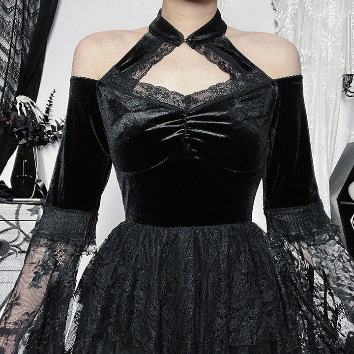 a woman wear a black long sleeve gothic sexy lace dress