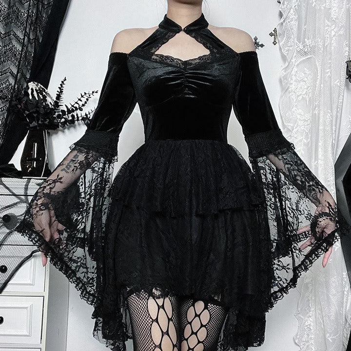 a woman wear a black long sleeve gothic sexy lace dress