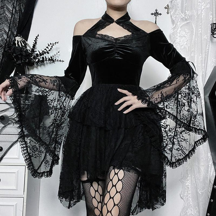 a woman wear a black long sleeve gothic sexy lace dress