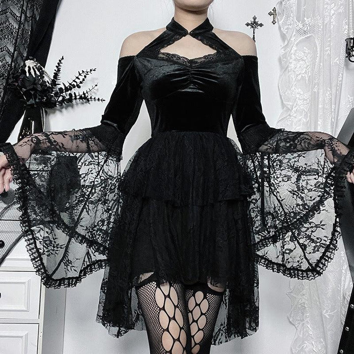a woman wear a black long sleeve gothic sexy lace dress