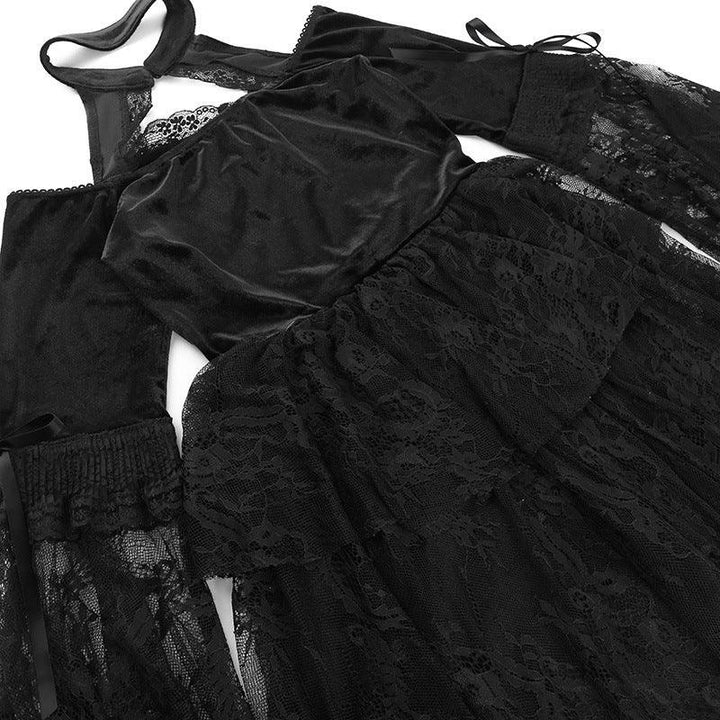 details of women black long sleeve gothic sexy lace dress