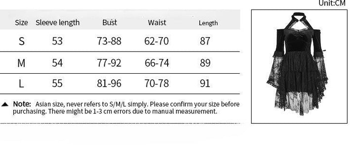 size chart of women-black-long-sleeve-gothic-sexy-lace-dress